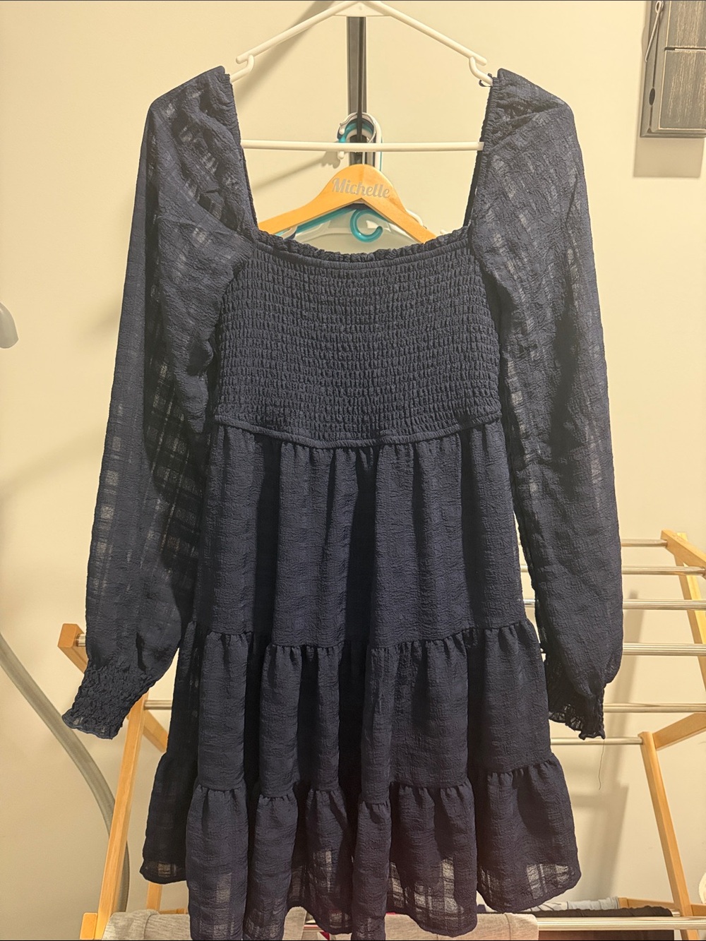 Smocked Square-Neck Navy Mini Dress with Tiered Skirt
